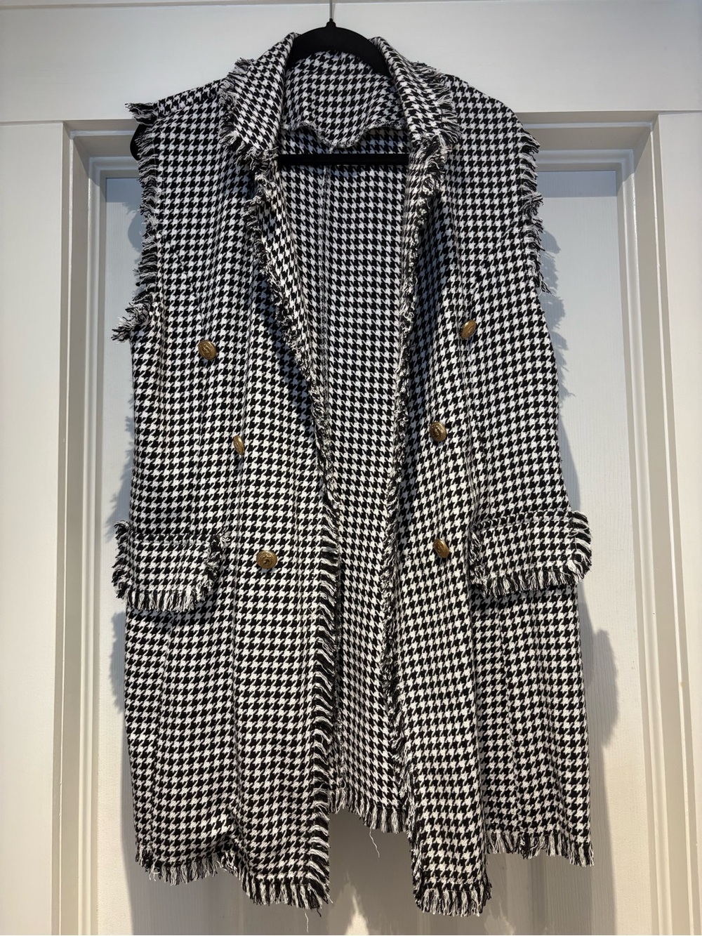 SHEIN Black & White Houndstooth Fringe Sleeveless Blazer Vest